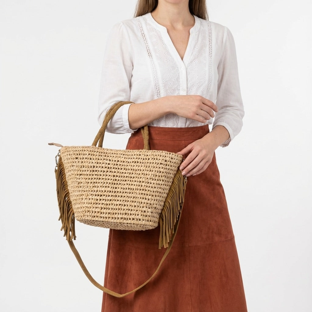 Boho Woven Straw Tote Bag with Suede Fringe & Detachable Strap