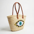 Evil Eye Straw Bag, Large Sequin Woven Market Tote & Leather Handles