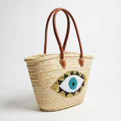 Evil Eye Straw Beach Bag with Leather Handles - Sequin Summer Tote