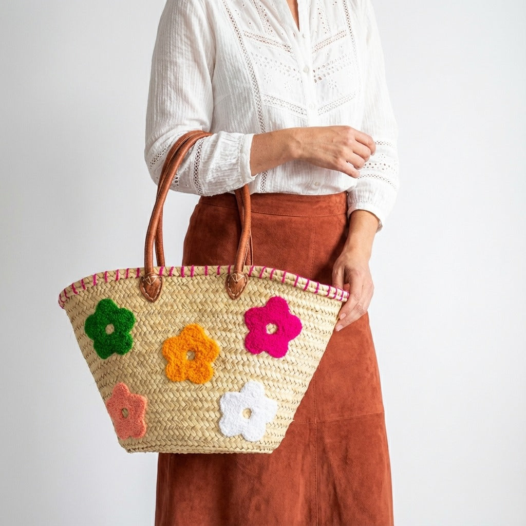 Floral Straw Tote Bag with Leather Handles - Woven Summer Market Basket