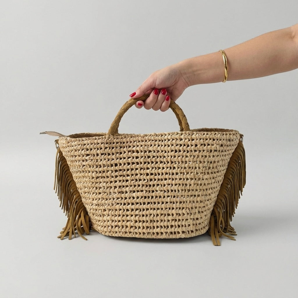 Boho Woven Straw Tote Bag with Suede Fringe & Detachable Strap