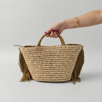 Boho Woven Straw Tote Bag with Suede Fringe & Detachable Strap