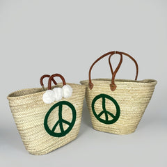 Woven Straw Peace Sign Tote Bag Green Leather Handle