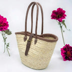 French Market Basket Straw Tote Bag with Leather Handles & Buckle Strap