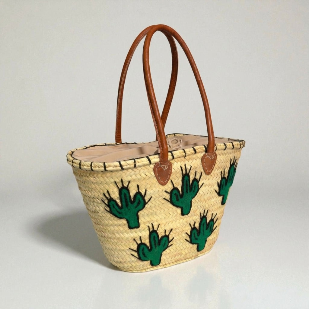 Embroidered Cactus Straw Tote Bag with Leather Handles - Summer Beach & Market Carryall