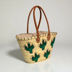 Embroidered Cactus Straw Tote Bag with Leather Handles - Summer Beach & Market Carryall