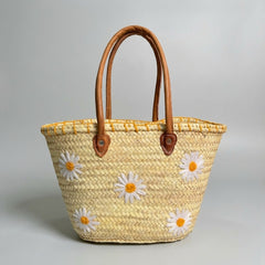 Daisy Embroidered Straw Beach Bag - Summer Woven Tote