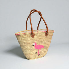 Flamingo Embroidered Straw Beach Bag - Handwoven Summer Tote