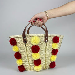 Handmade Moroccan Straw Tote Bag with Pom Poms & Sequins