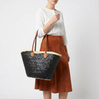 Sequin Straw Tote Bag with Leather Handles - Large Beach Basket