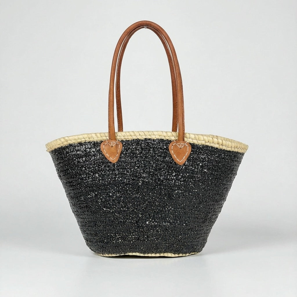 Sequin Straw Tote Bag with Leather Handles - Large Beach Basket