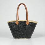 Sequin Straw Tote Bag with Leather Handles - Large Beach Basket