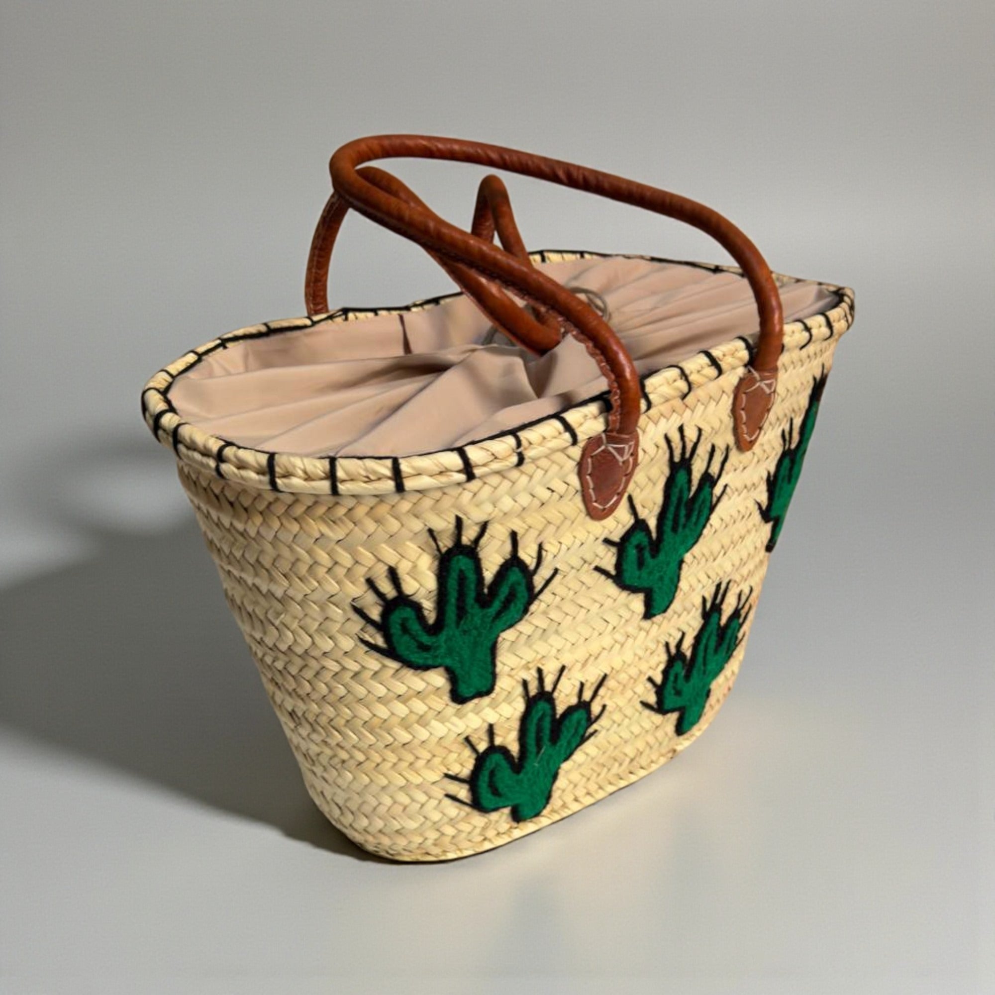 Woven Straw Cactus Tote Bag Market Basket Leather Handles