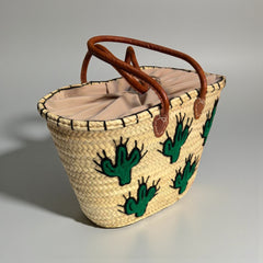 Embroidered Cactus Straw Tote Bag with Leather Handles - Summer Beach & Market Carryall