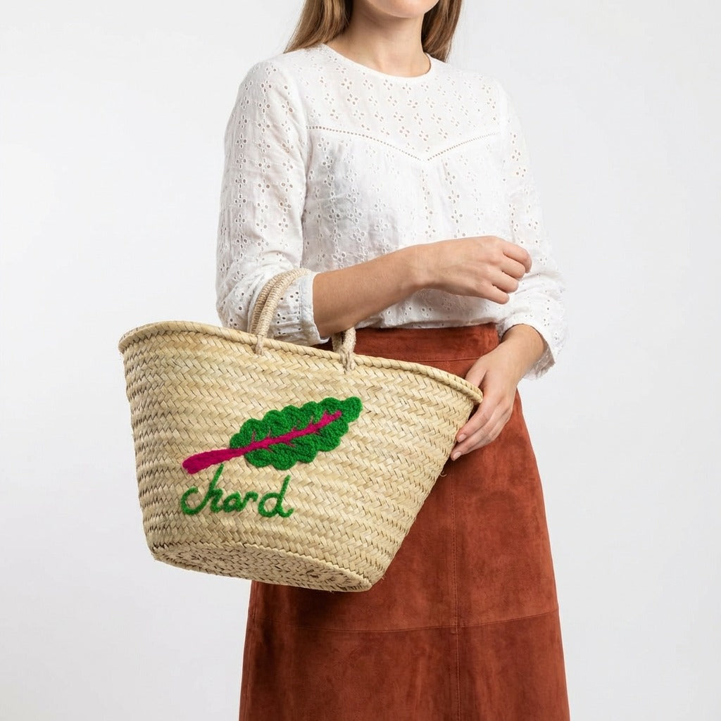 Embroidered Chard Straw Market Basket - Handwoven French Style Tote