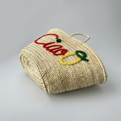 Handwoven Straw Market Tote Bag Ciao Lemon Embroidery