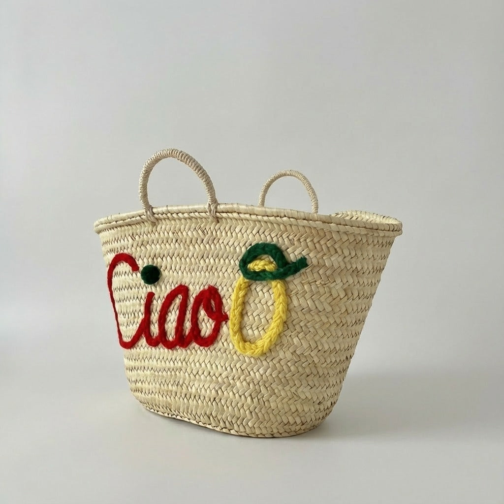 Handwoven Straw Market Tote Bag Ciao Lemon Embroidery