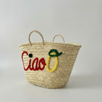 Ciao Embroidered Straw Tote Bag - Woven Lemon Beach Basket Handbag