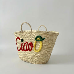 Handwoven Straw Market Tote Bag Ciao Lemon Embroidery