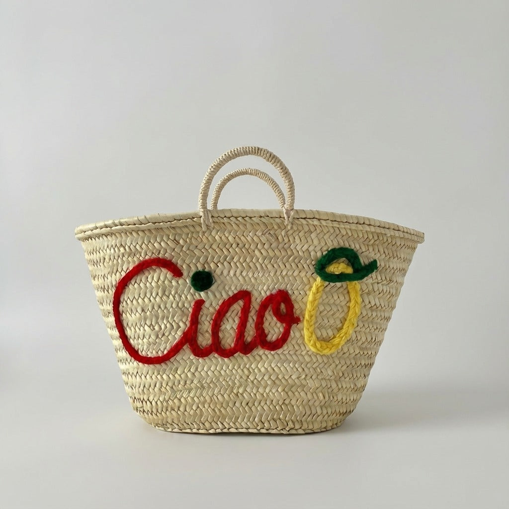 Handwoven Straw Market Tote Bag Ciao Lemon Embroidery