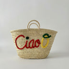 Ciao Embroidered Straw Tote Bag - Woven Lemon Beach Basket Handbag
