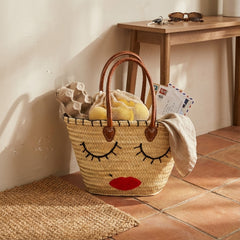 Straw Beach Bag – Woven Market Tote, Leather Handle