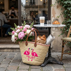 Handwoven Flamingo Straw Tote Bag with Leather Straps