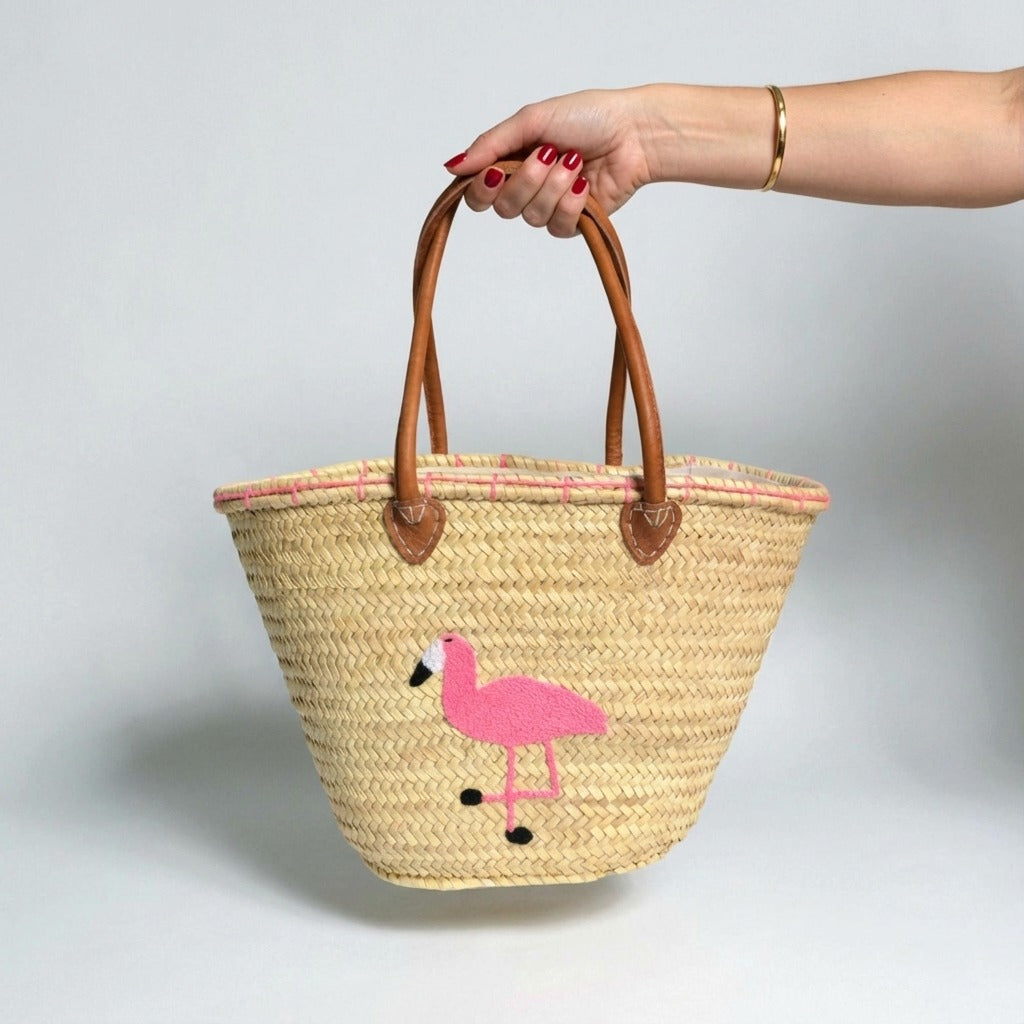 Flamingo Straw Beach Bag Woven Tote with Leather Handles