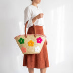 Floral Straw Tote Bag with Leather Handles - Woven Summer Market Basket