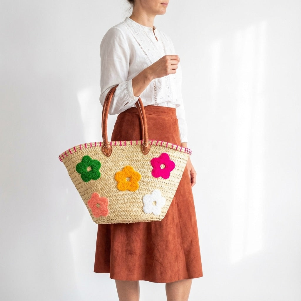 Floral Straw Tote Bag with Leather Handles - Woven Summer Market Basket