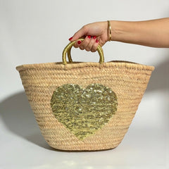 Sequin Heart Straw Beach Tote | Glamorous Glitter Handle Summer Bag