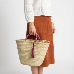 Woven Palm Leaf Market Basket Leather Handles Tassel