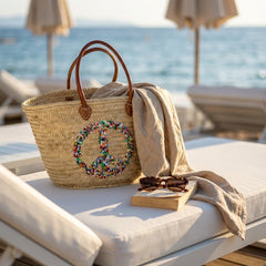 Sequin Peace Sign Straw Market Tote Bag Leather Handles