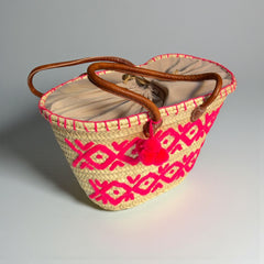 Handwoven Pink Arabesque Straw Tote Bag with Leather Handles & Pom Pom | Bohemian Beach Market Bag