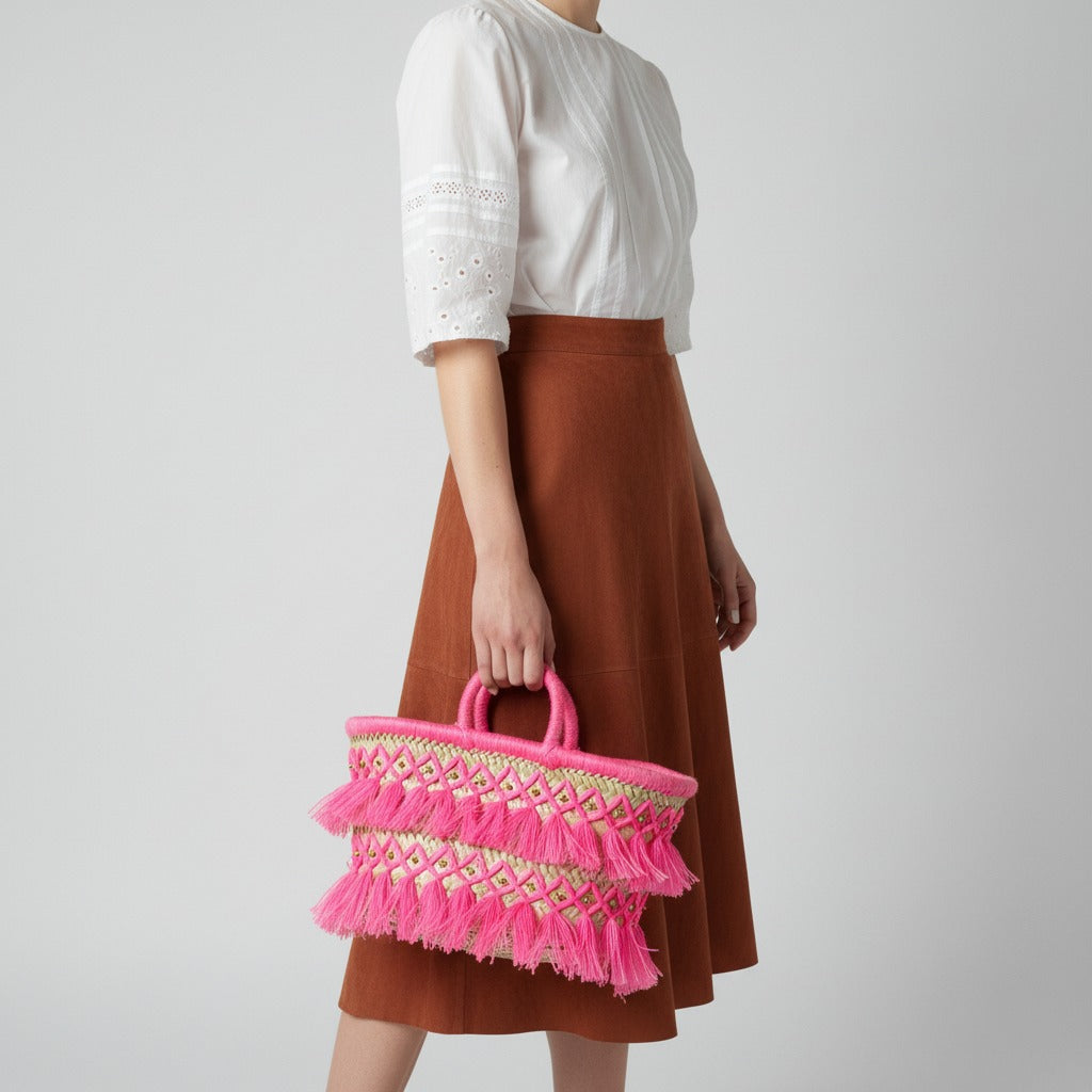 Woven Straw Tote Bag Macrame Fringe Boho Beach Basket