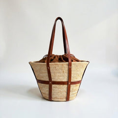 Raffia Market Basket Tote – Real Leather Straps, Woven Straw