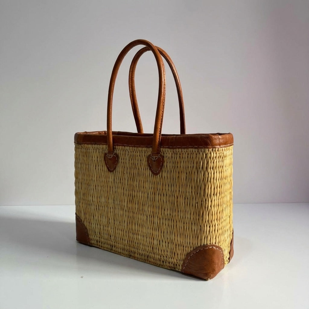 French Market Basket with Leather Handles - Woven Straw Tote Bag