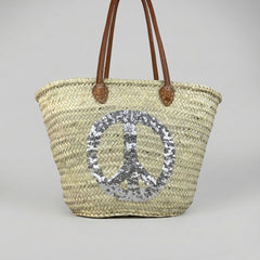 Sequin Peace Sign Straw Market Tote Bag Leather Handles