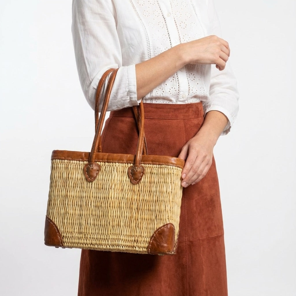 French Market Basket with Leather Handles - Woven Straw Tote Bag