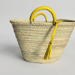 Woven Palm Leaf Market Basket Leather Handles Tassel