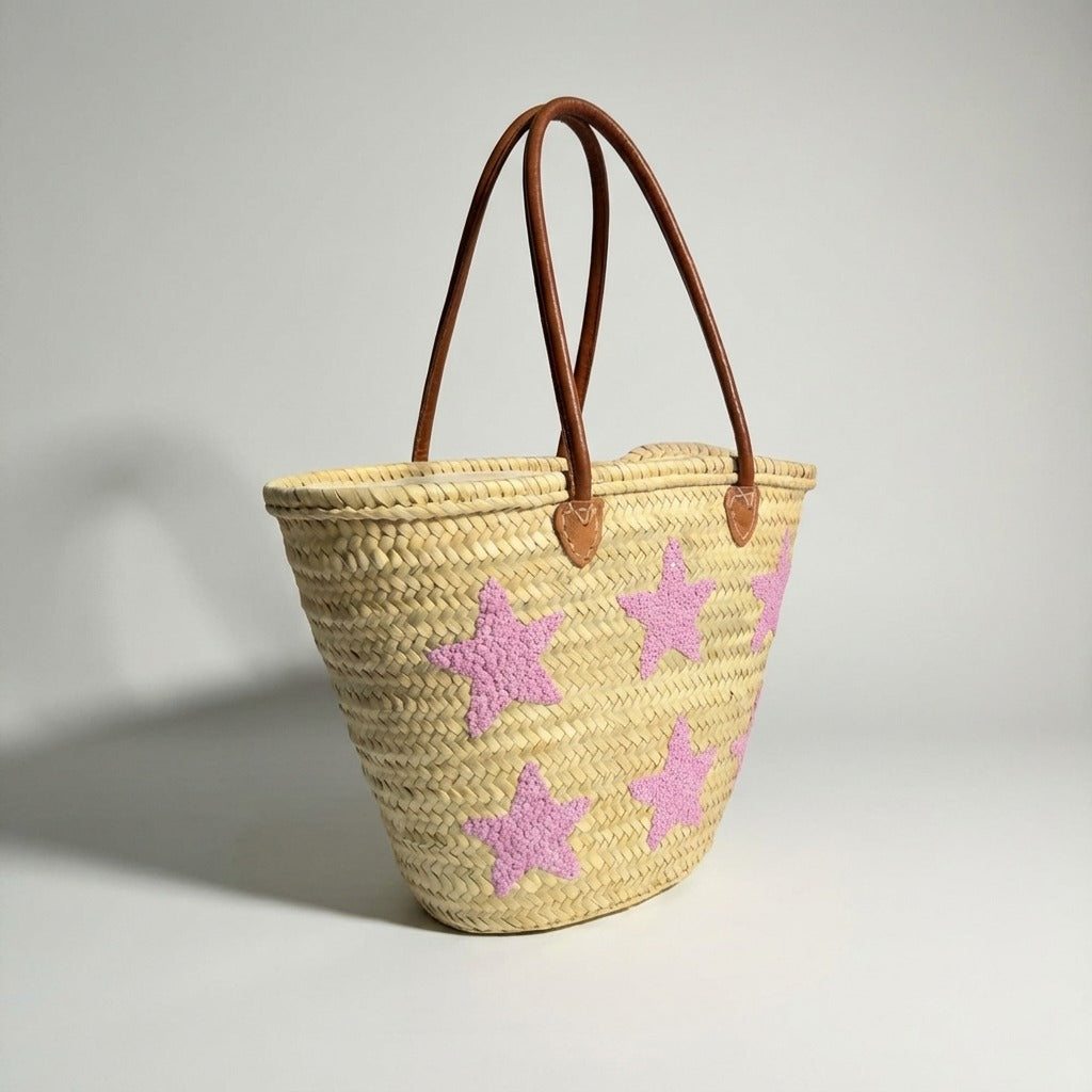 Pink Star Embroidered Straw Tote Bag - Summer Beach & Market Carryall