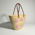 Pink Star Straw Tote Bag - French Market Basket Leather Handles