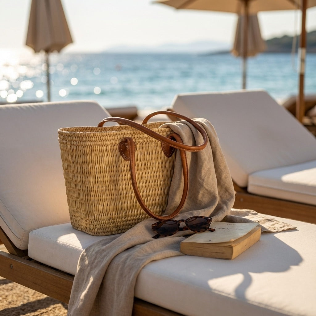 Rectangular Straw Market Bag with Leather Handles - Woven Beach Tote