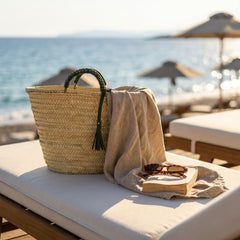 Woven Palm Leaf Market Basket Leather Handles Tassel