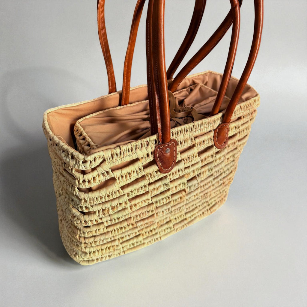 Woven Straw Tote Bag with Leather Handles Summer Beach Market Basket