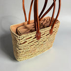 Woven Straw Tote Bag with Leather Handles Summer Beach Market Basket