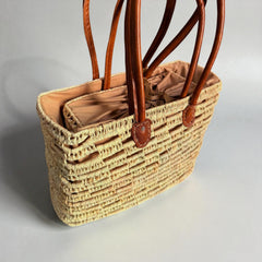 Staw Market Basket Tote – Woven Palm Leaves, Leather Handles