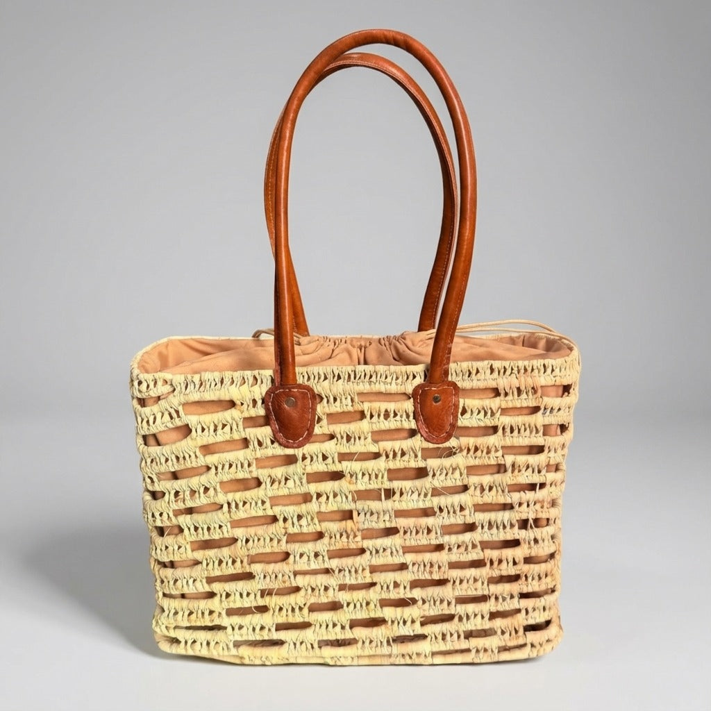 Woven Straw Tote Bag with Leather Handles Summer Beach Market Basket