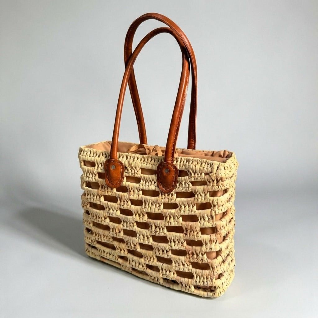 Woven Straw Tote Bag with Leather Handles Summer Beach Market Basket