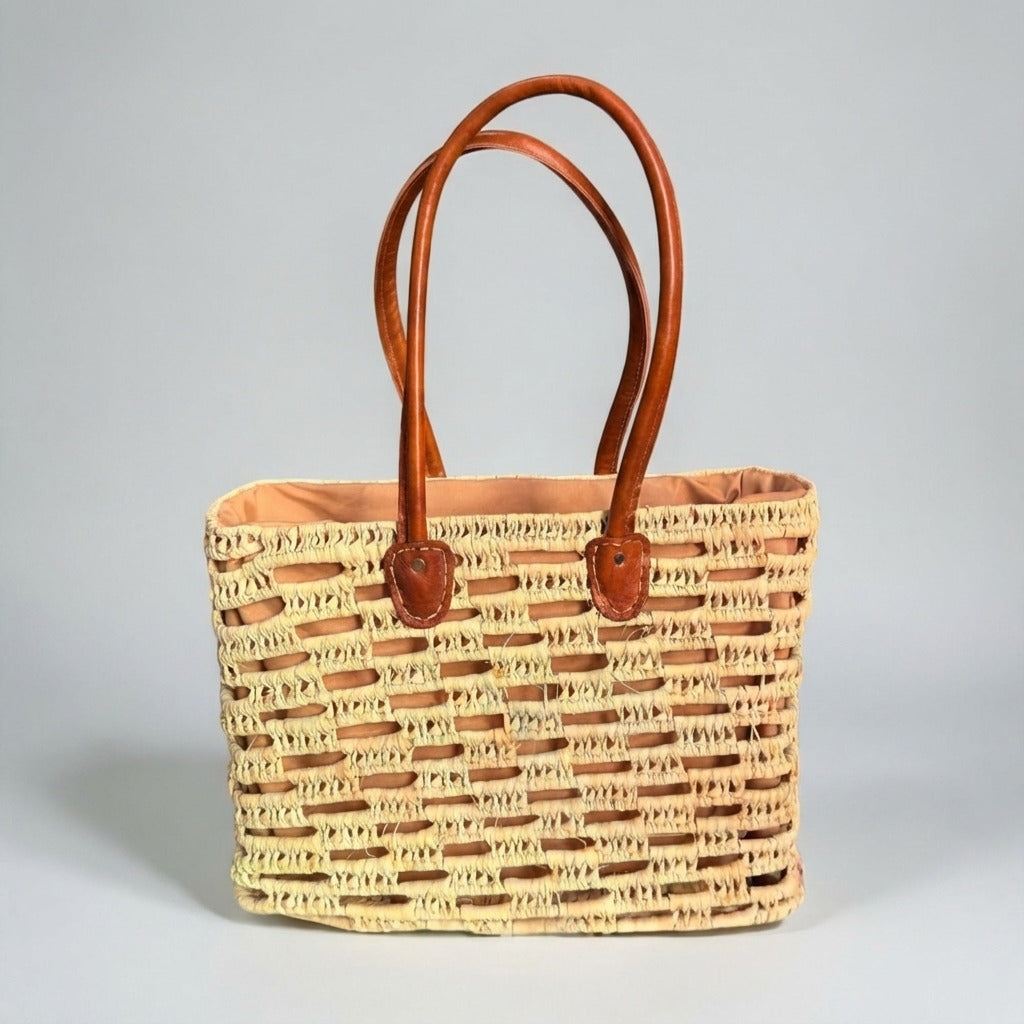 Woven Straw Tote Bag with Leather Handles Summer Beach Market Basket